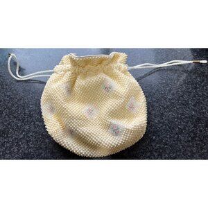Vtg 1950's Candy Dot Beaded Drawstring Handbag Beige & Clear Colored Bakelite